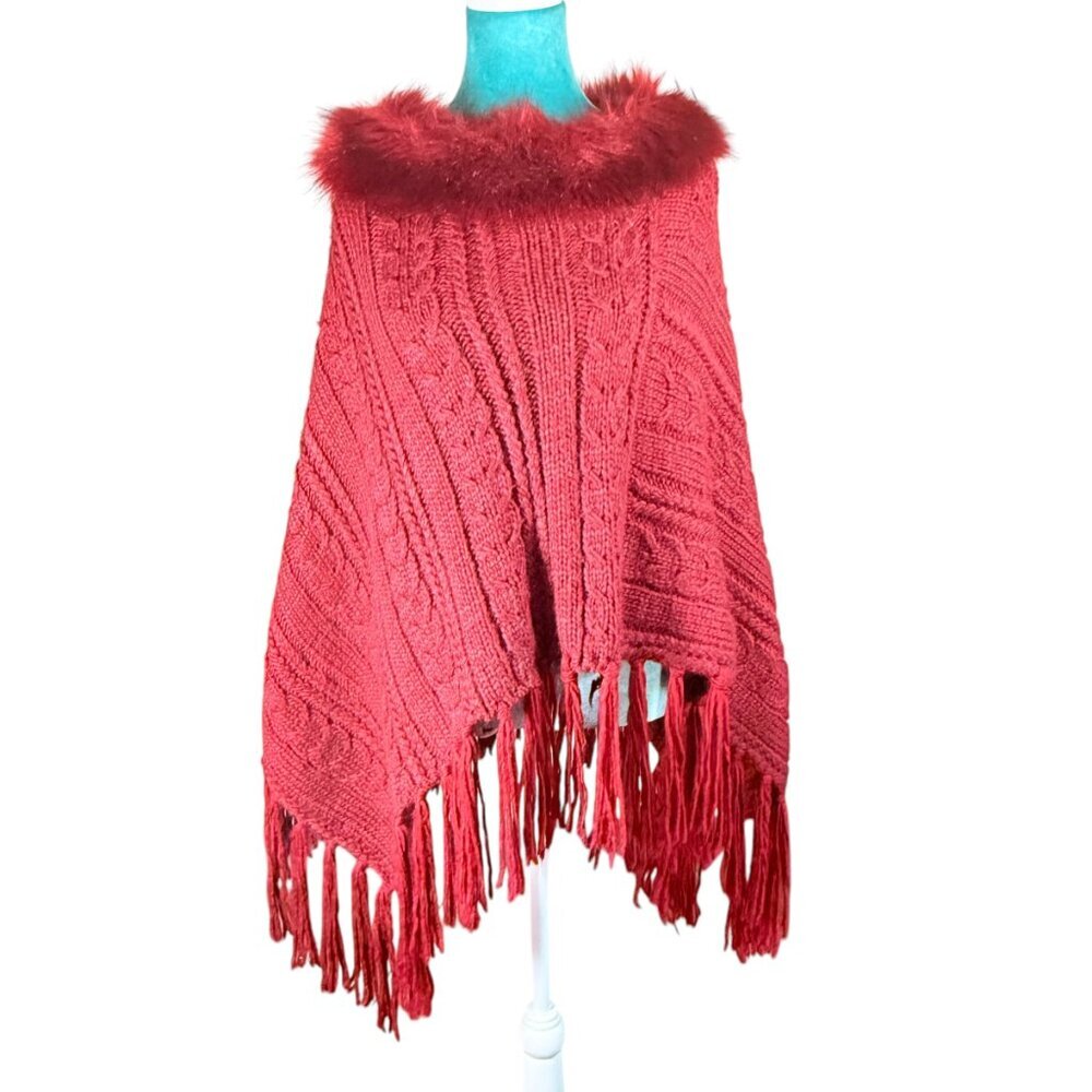 Luxury Red Knitted Poncho with Plush Fur Collar - Cable Knit Fringe Wrap Shawl